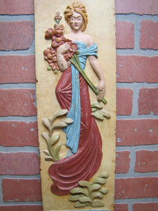 Maiden in Gown Holding Bouquet of Roses Decorative Arts Cast Iron Plaque