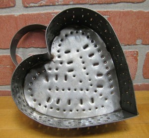 Vtg Tin Heart Shape Cheese Mold Strainer punched metal three footed top handle
