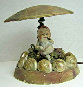Old Folk Art Gnome Elf Troll w Swan Asbury Park New Jersey Souvenir Shell Lamp