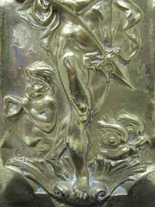 POSEIDON TRIDENT DAUPHINS Old Brass Decorative Arts Wall Plaque Shelf Box Ornate