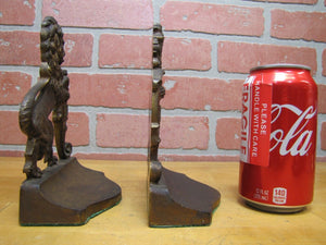 Antique Cast Iron LION Bookends Upright Crest Shield Decorative Art Statues