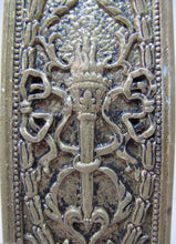 Load image into Gallery viewer, Antique Door Push Plate Ornate Flame Torch Ribbons Bows Floral Old Brass Bronze
