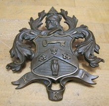 Load image into Gallery viewer, Antique Ornate Bronze Decorative Arts Figural Medallion KKr Head Key Owl Shield
