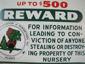 Vintage New Jersey Assn of Nurserymen Member Sign $500 Reward metal nursery adv