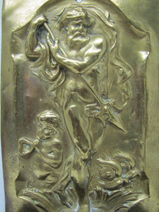 POSEIDON TRIDENT DAUPHINS Old Brass Decorative Arts Wall Plaque Shelf Box Ornate