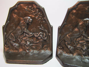 1920s TIGER & SNAKE CONNECTICUT FOUNDRY Art Deco Era Cast Iron Decorative Arts Bookends