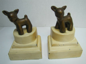 1930s ART DECO FAWN DOE BABY DEER Bookends Triple Tier Base Small Childrens Size