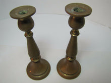 Load image into Gallery viewer, Antique Candlesticks small pair bronze brass fine details lovely old worn patina
