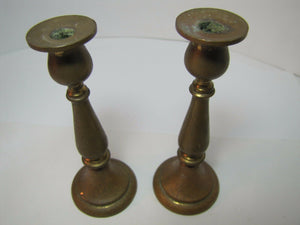 Antique Candlesticks small pair bronze brass fine details lovely old worn patina