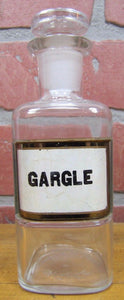 GARGLE Antique Reverse Label Behind Glass Apothecary Bottle Drug Store Pharmacy