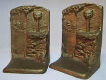 Load image into Gallery viewer, Antique Cast Iron LIONS HEAD FOUNTAIN Well Landscape Bookends Old Gold Paint
