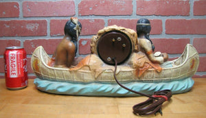 Old Chalkware Native American Indians Canoe Clock Decorative Arts Statue Large