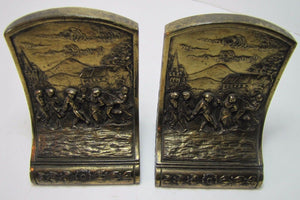JENNING BROS Antique Bookends JB Village Scene Dancers Fine Ornate Detail