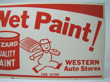 Load image into Gallery viewer, Old WESTERN AUTO STORES WET PAINT! Sign WIZARD QUALITY PAINT Painter w Brush
