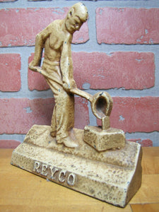 Antique Cast Iron Foundry Worker Doorstop 'REYCO' Man Pouring Mold Door Stop