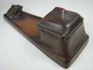 Antique Bronze Art Puppies Inkwell pair of detailed pups pen rest hinged lid