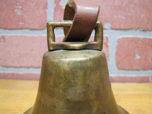 Old Brass Bell Farm Animal Decorative Art Leather Strap Cast Iron Striker Patina