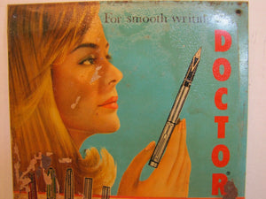 DOCTOR PENS REFILLS GIFT SETS Advertising Sign For Smooth Writing Tin Litho