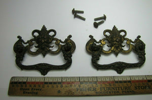HORNED DEVIL HEADS Pair 19c Victorian Pull Bronze Brass Architectural Hardware