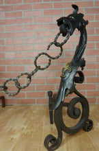 Load image into Gallery viewer, Wrought Iron Gothic Dragon Andirons Large Decorative Arts Pair Brass Eyes Ornate
