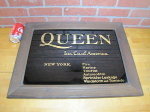 QUEEN INSURANCE CO OF AMERICA NEW YORK ROG Antique Advertising Sign Glass Wood