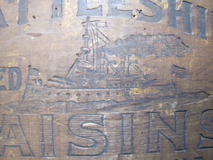 BATTLESHIP RAISINS Antique Wooden Crate Box fabulous design Hooven Merch Co NY
