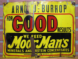 WE FEED MOORMAN'S Old Feed Seed Store Farm Advertising Tin Sign Quincy ILL