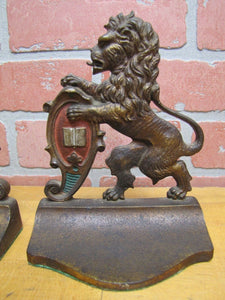 Antique Cast Iron LION Bookends Upright Crest Shield Decorative Art Statues