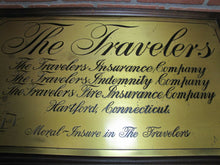 Load image into Gallery viewer, TRAVELERS INSURANCE HARTFORD CONNECTICUT Antique Brass Wooden Framed Sign
