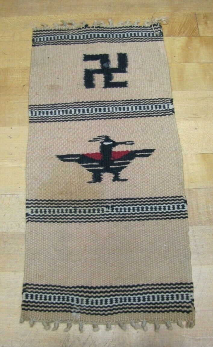 Old Southwestern Whirling Log Thunderbird Chimayo Souvenir Sample Blanket Rug