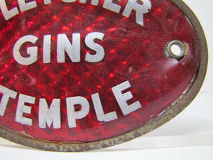 FLETCHER GINS TEMPLE Old Reflective Plate Topper Sign Texas Liquor Fuel Feed Ad