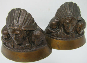 Indian Family Old Bookends Cast Brass Bronze Chief Squaw Child Decorative Arts