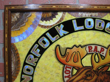 Load image into Gallery viewer, LOYAL ORDER OF MOOSE NORFOLK Old Folk Art Butterfly Wings Marquetry Plaque Sign
