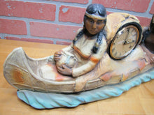Load image into Gallery viewer, Old Chalkware Native American Indians Canoe Clock Decorative Arts Statue Large
