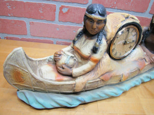 Old Chalkware Native American Indians Canoe Clock Decorative Arts Statue Large