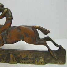 Load image into Gallery viewer, Vintage Jockey riding Horse Bookends brass copper wash ornate detailing rare htf
