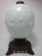 Load image into Gallery viewer, Antique 19c Victorian Milk Glass Spider Web Oil Lamp FG Co cast iron base ornate
