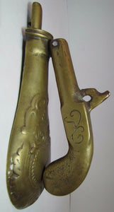 Old Cast Brass Pistol and Gun Powder Flask Door Knocker heavy solid unusual dsn