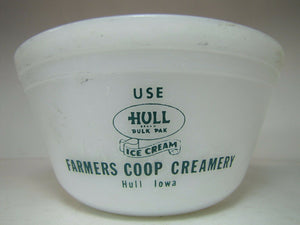 HULL ICE CREAM FARMERS COOP CREAMERY Old Ad Bowl IOWA F Mark Heat Proof USA