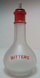 Old Bitters Frosted Glass Bottle Red Lettering Advertising Liquor Jar Decanter