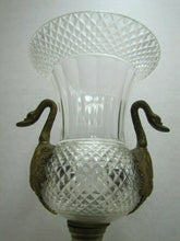 Load image into Gallery viewer, Antique 19c Vase Swan Handles Ornate Bronze Brass Crystal Glass Decorative Arts
