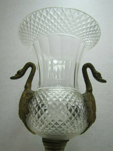 Antique 19c Vase Swan Handles Ornate Bronze Brass Crystal Glass Decorative Arts