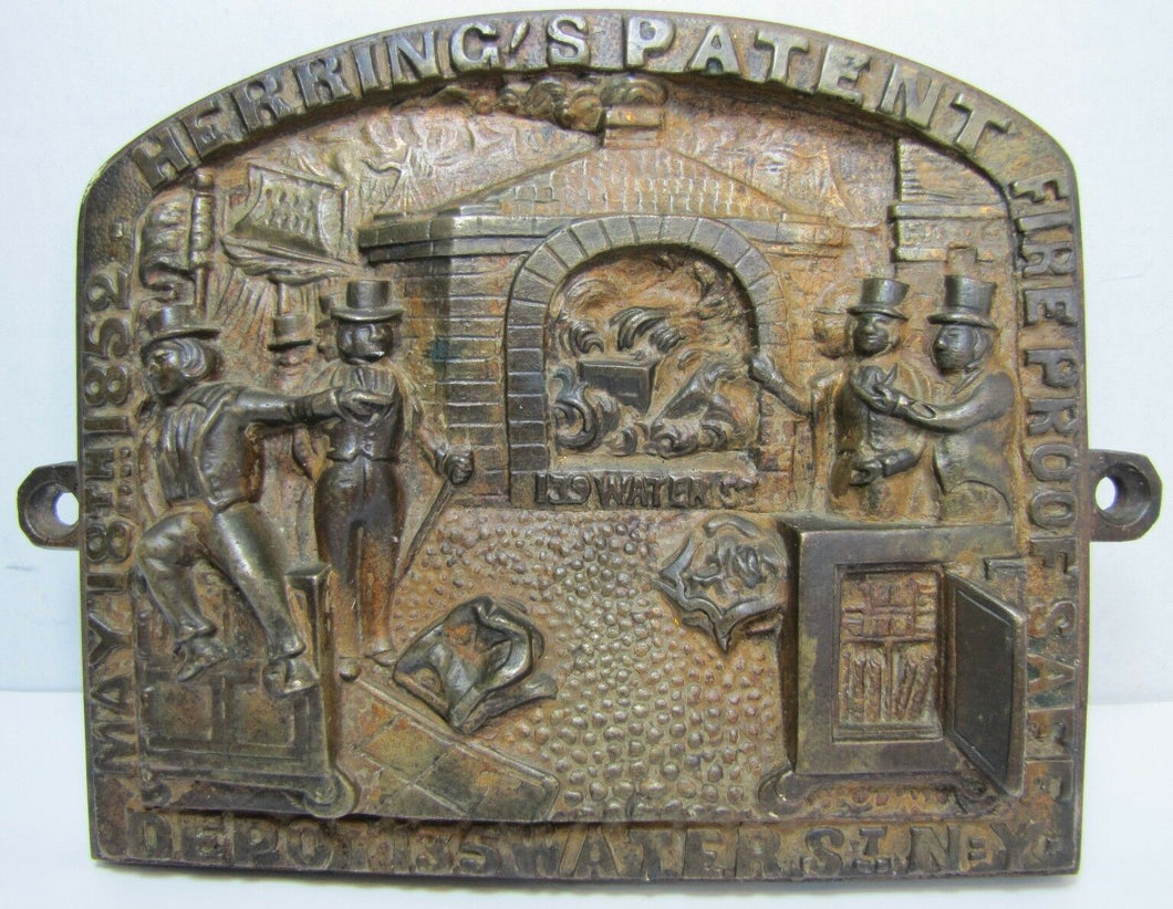HERRING'S FIREPROOF SAFE p1852 NEW YORK Antique Bronze Safe Plaque Sign Ornate