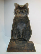 Load image into Gallery viewer, Antique Cast Iron Black Cat Doorstop large heavy old ornate details scary stare
