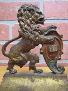 Antique Cast Iron LION Bookends Upright Crest Shield Decorative Art Statues