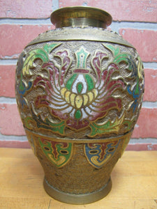 Old Brass Enamel Japanese Vase Bulbous Multi Color Decorated Raised Design