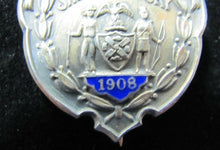 Load image into Gallery viewer, 1908 SHERRIF'S JURY Sterling Silver White Blue Enamel Pinback Medallion Pin
