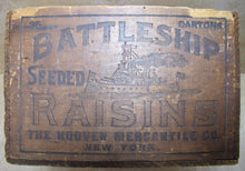 Load image into Gallery viewer, BATTLESHIP RAISINS Antique Wooden Crate Box fabulous design Hooven Merch Co NY
