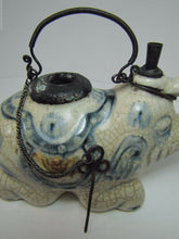 Load image into Gallery viewer, Elephant Old Asian Porcelain Op Pipe Oil Lamp unusual thin metal handle tool top

