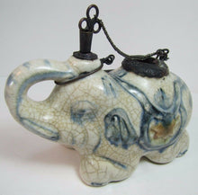 Load image into Gallery viewer, Elephant Old Asian Porcelain Op Pipe Oil Lamp unusual thin metal handle tool top
